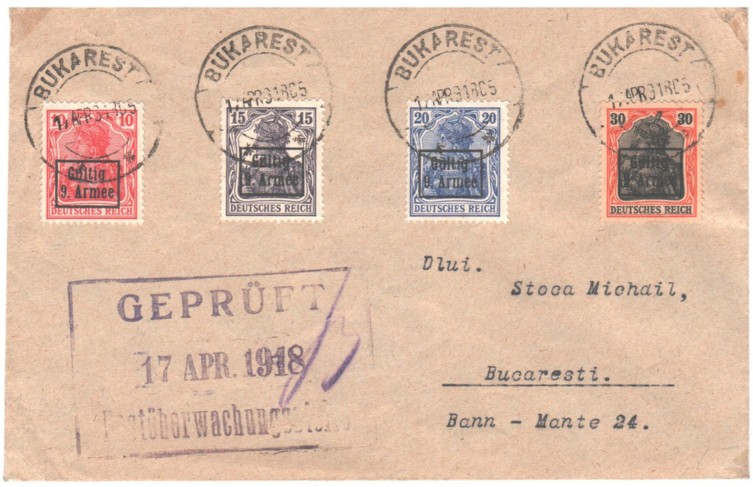 Romania 1918 Plic filatelic Timbre germane de ocupatie GULTIG 9 Armee