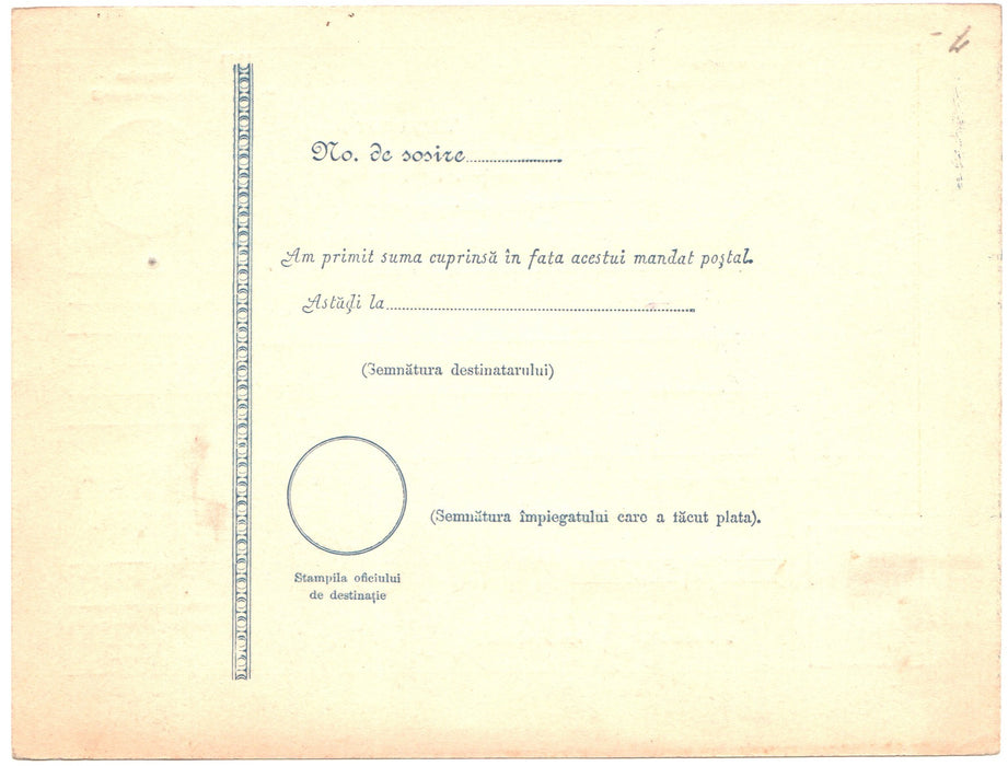 Romania 1899 Mandat Postal Spic 25 BANI albastru, text pe fond galben