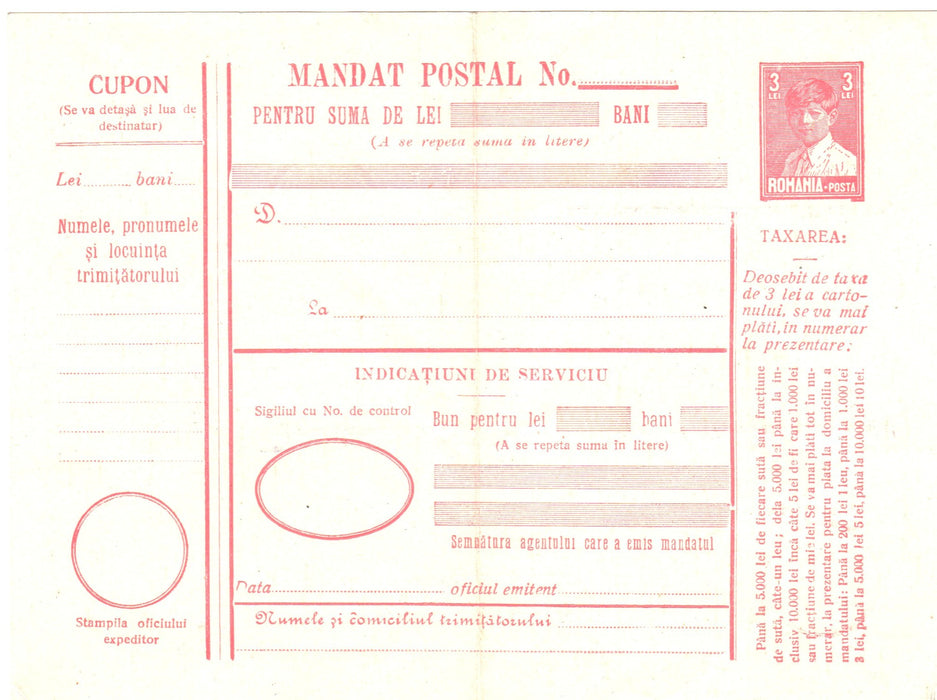 Romania 1928 Mandat Postal Mihai copil 3 LEI