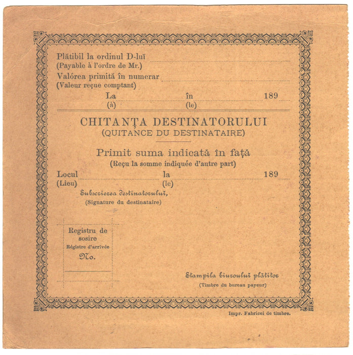 Romania 1894 Mandat Postal International taiat Spic 25 BANI violet