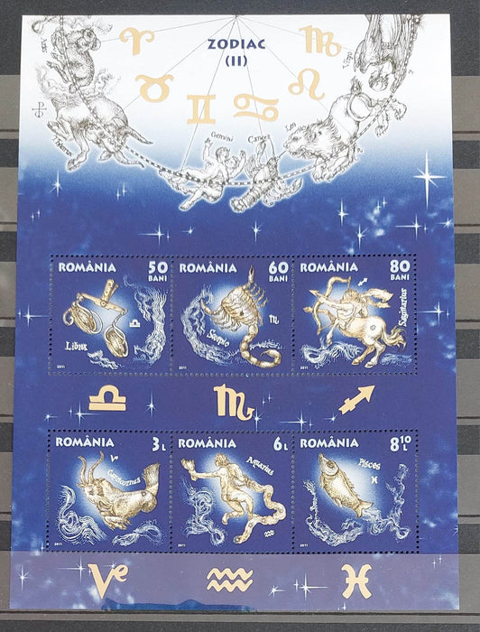 Romania 2011 Zodiac II bloc de 6 timbre si manseta ilustrata