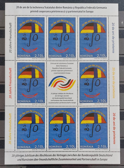 Romania 2012 20 de ani Tratatul de prietenie Romania - Germania minicoala de 8 timbre + 1 vinieta