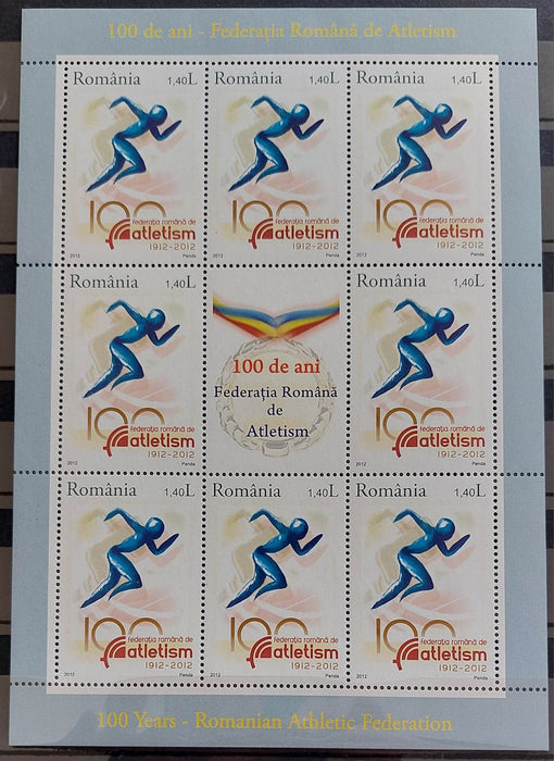 Romania 2012 100 de ani - Federatia Romana de Atletism minicoala de 8 timbre + 1 vinieta