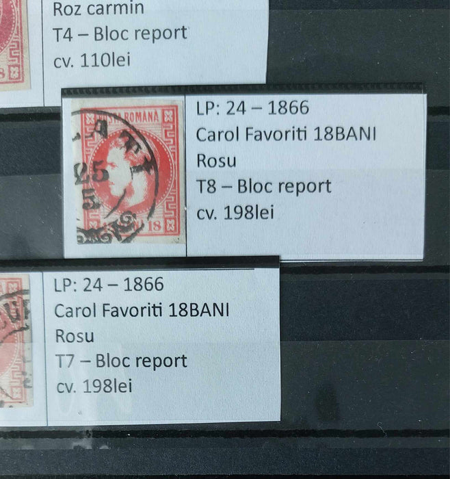 Clasor cu 170 timbre stampilate Romania 1866- 1872 Carol I cu favoriti si barba catalogate cu pozitia in blocul report
