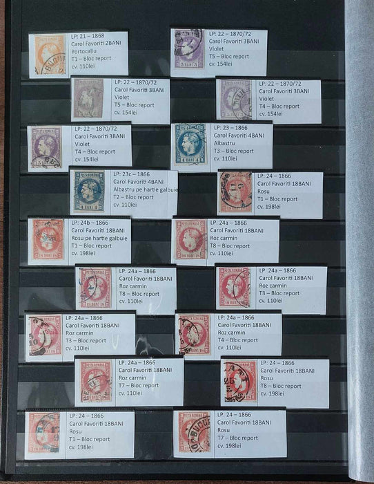 Clasor cu 170 timbre stampilate Romania 1866- 1872 Carol I cu favoriti si barba catalogate cu pozitia in blocul report