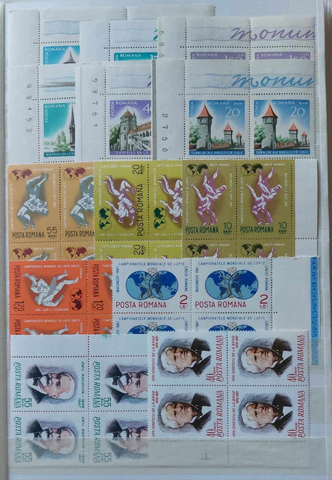 2 Clasoare 48 pagini (incluse) cu timbre romanesti perioada 1965-1975, peste 95% serii complete, simple sau in blocuri de 4