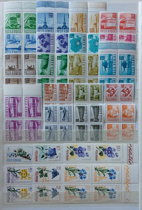 2 Clasoare 48 pagini (incluse) cu timbre romanesti perioada 1965-1975, peste 95% serii complete, simple sau in blocuri de 4