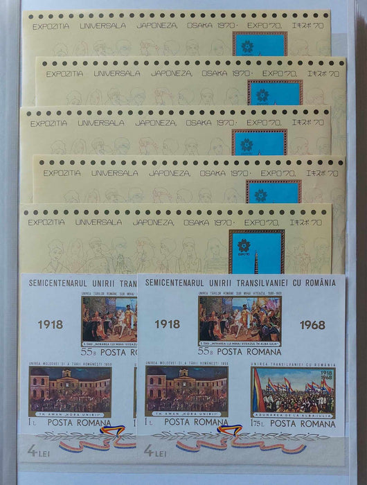 2 Clasoare 48 pagini (incluse) cu timbre romanesti perioada 1965-1975, peste 95% serii complete, simple sau in blocuri de 4