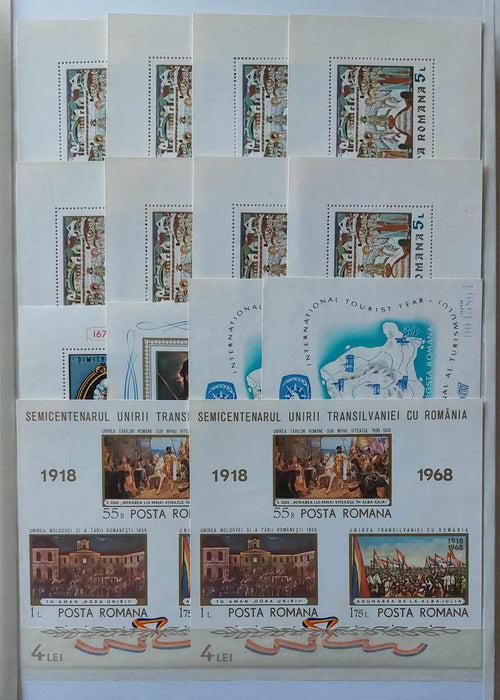 2 Clasoare 48 pagini (incluse) cu timbre romanesti perioada 1965-1975, peste 95% serii complete, simple sau in blocuri de 4