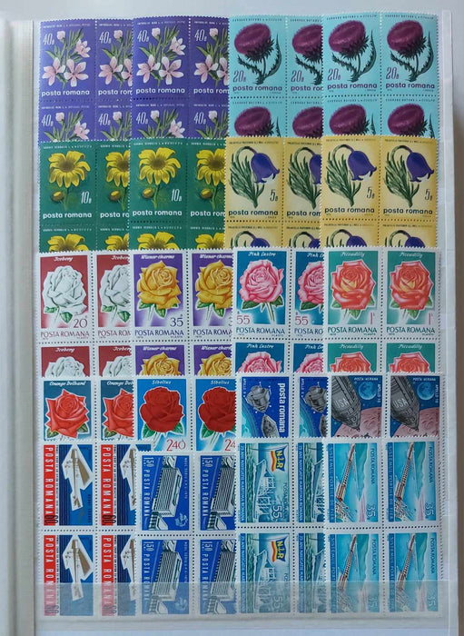 2 Clasoare 48 pagini (incluse) cu timbre romanesti perioada 1965-1975, peste 95% serii complete, simple sau in blocuri de 4