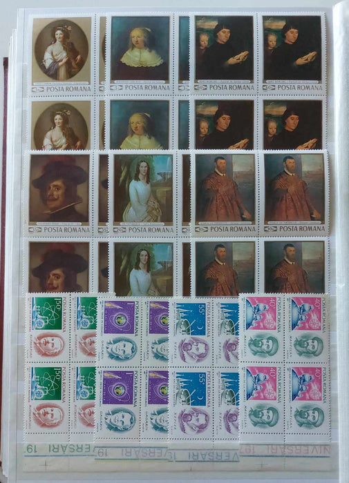 2 Clasoare 48 pagini (incluse) cu timbre romanesti perioada 1965-1975, peste 95% serii complete, simple sau in blocuri de 4