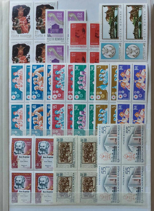 2 Clasoare 48 pagini (incluse) cu timbre romanesti perioada 1965-1975, peste 95% serii complete, simple sau in blocuri de 4