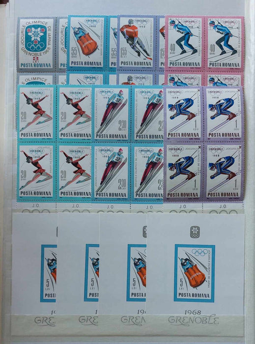 2 Clasoare 48 pagini (incluse) cu timbre romanesti perioada 1965-1975, peste 95% serii complete, simple sau in blocuri de 4