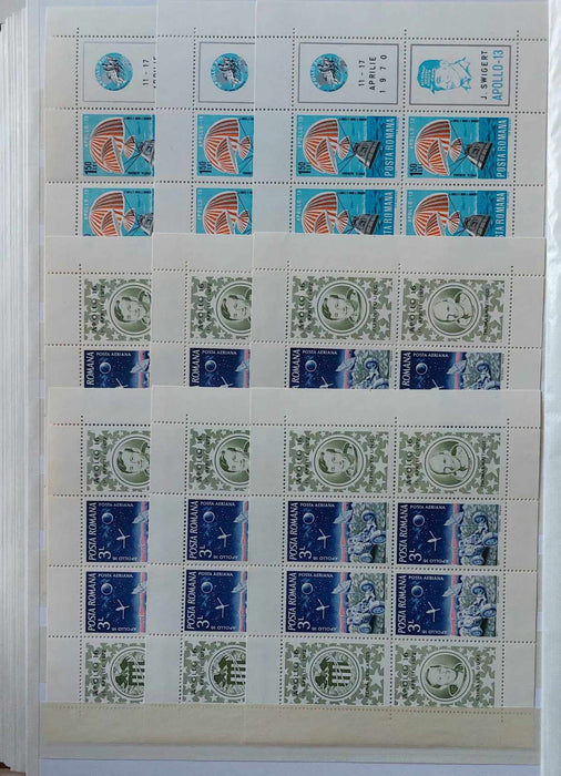 2 Clasoare 48 pagini (incluse) cu timbre romanesti perioada 1965-1975, peste 95% serii complete, simple sau in blocuri de 4