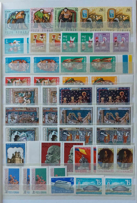 2 Clasoare 48 pagini (incluse) cu timbre romanesti perioada 1965-1975, peste 95% serii complete, simple sau in blocuri de 4