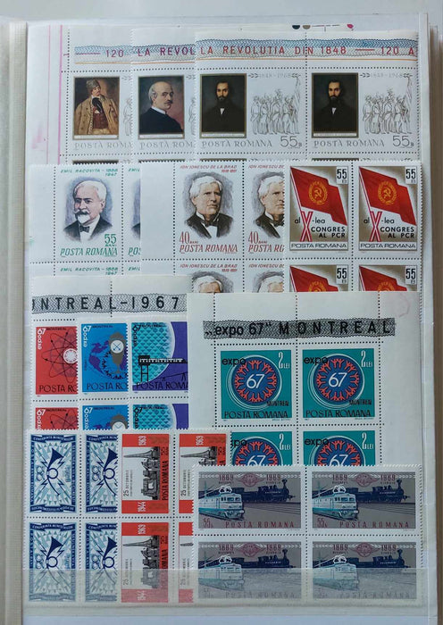 2 Clasoare 48 pagini (incluse) cu timbre romanesti perioada 1965-1975, peste 95% serii complete, simple sau in blocuri de 4