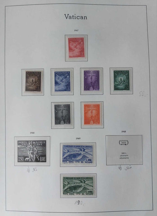 Album ilustrat LEUCHTTURM hingless posete transparente colectie VATICAN 1920-1969 (lipsa doar 2 serii) cota Michel in jur de 8.000 EUR, timbrele cu cota mare de catalog au certificat de autenticitate sau poanson