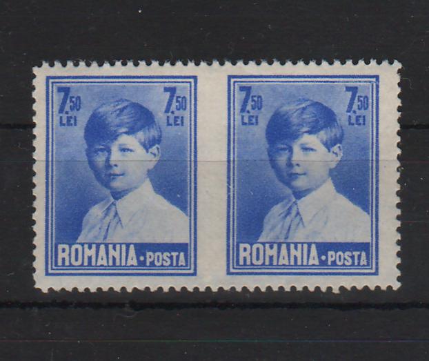 Romania 1928 Mihai I copil format mare val. 7.50LEI, pereche nedantelata vertical RARITATE!!