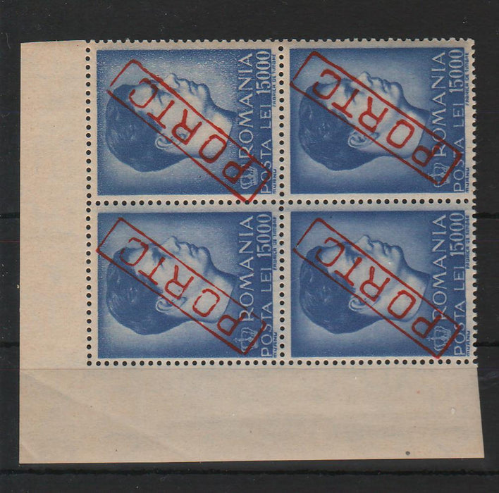 Romania 1947 Mihai I format mare - Inflatie val. 15000 supratipar PORTO bloc x4 semnat Odor