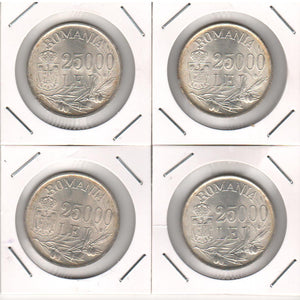 Romania 1946 Moneda 25.000 lei Mihai I, lot 4 buc., argint 12g 0,700 (8,4g argint pur), diametru 32mm