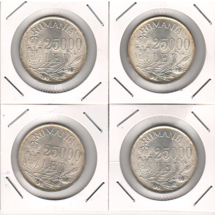 Romania 1946 Moneda 25.000 lei Mihai I, lot 4 buc., argint 12g 0,700 (8,4g argint pur), diametru 32mm