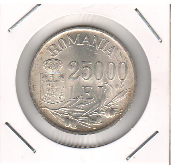 Romania 1946 Moneda 25.000 lei Mihai I, lot 4 buc., argint 12g 0,700 (8,4g argint pur), diametru 32mm