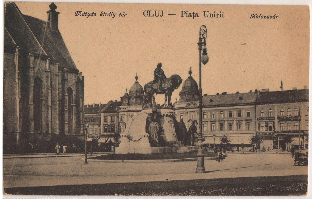 Romania 1920 Carte postala Cluj Piata Unirii si statuia  Matei Corvin