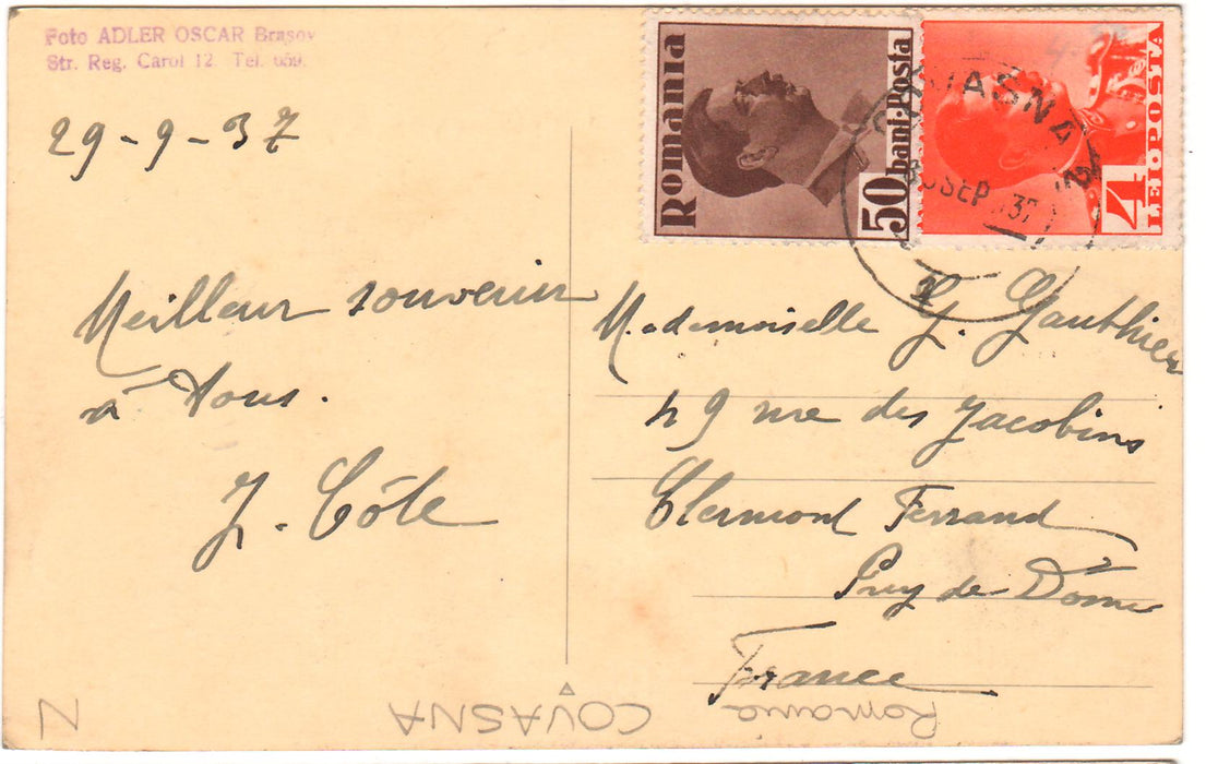 Romania 1939 Carte postala Funicular si cale ferata Comandau-Covasna, circulata Covasna - Puy de Dome (Franta)