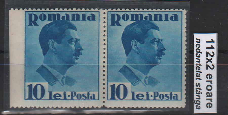 Romania 1935 Carol II - POSTA 10L pereche EROARE nedantelat latura stanga