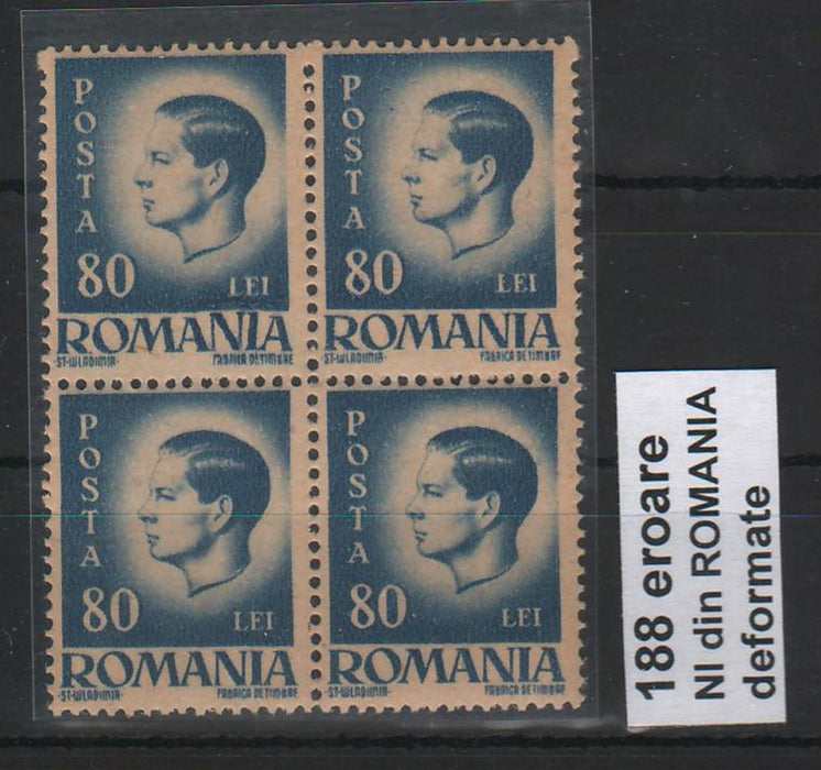 Romania 1945 Uzuale- Mihai I, hartie gri 80L bloc x4 EROARE NI din ROMANIA deformat (RAR!)