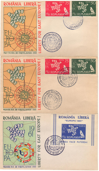 Romania Exil EUROPA 1961 set complet FDC dantelat, nedantelat si colita