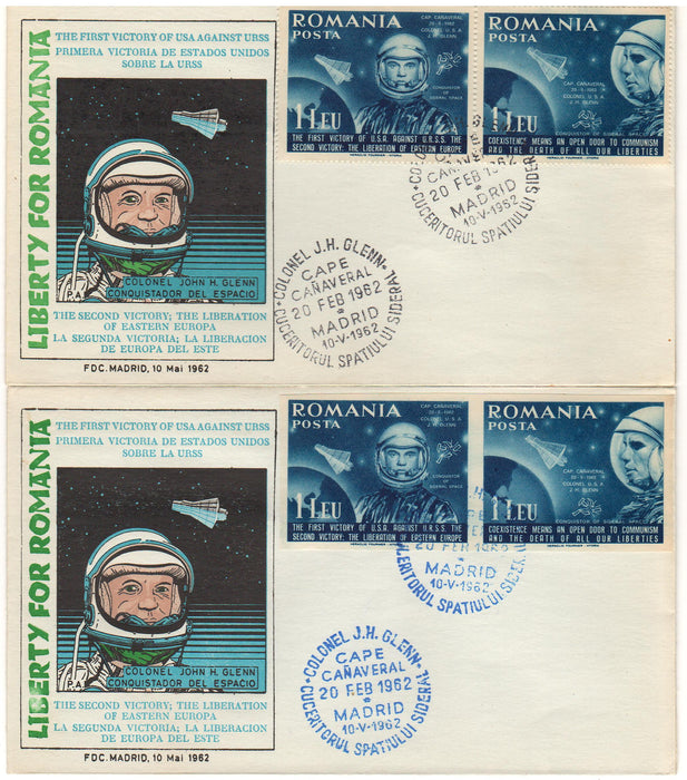 Romania Exil 1962 Astronautul american J. H. Glenn set complet FDC tip II dantelat si nedantelat