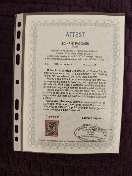 Romania 1858 Cap de bour emisiunea a II-a 40PAR albastru Certificat de autenticitate L. PASCANU