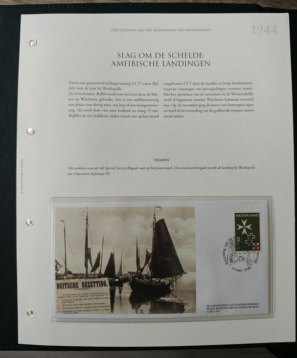 Album/Enciclopedie tematica CRUCEA ROSIE, AL II-lea RAZBOI MONDIAL (WWII), ANIVERSARI, PERSONALITATI contine in jur de 100 plicuri filatelice ilustrate in posete de plastic. Albumul are coperti si caseta din piele.