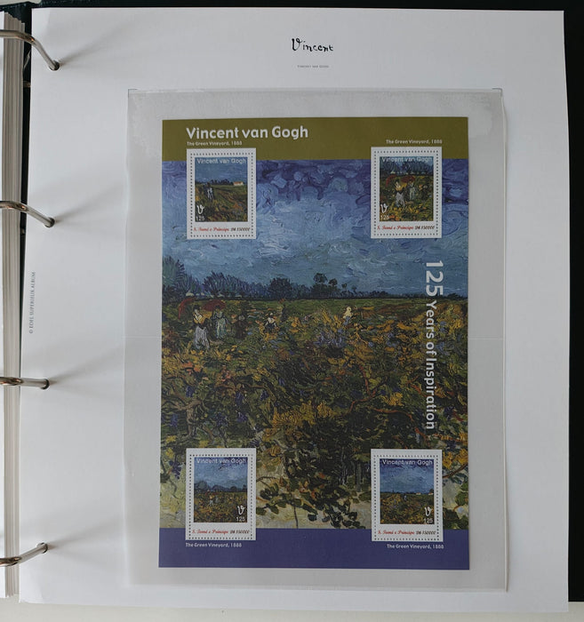 Album/Enciclopedie Vincent Van Gogh tematica ARTA, PICTURA contine 38 blocuri mari ilustratein posete de plastic, cu picturi celebre. SUPERB!! Albumul are coperti si caseta din piele.