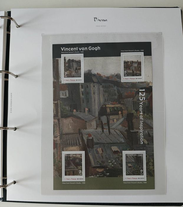 Album/Enciclopedie Vincent Van Gogh tematica ARTA, PICTURA contine 38 blocuri mari ilustratein posete de plastic, cu picturi celebre. SUPERB!! Albumul are coperti si caseta din piele.