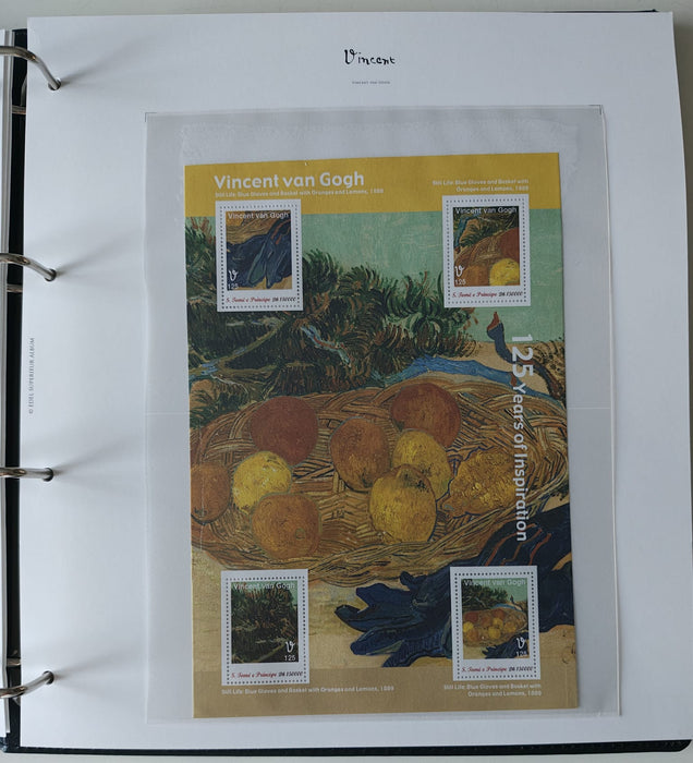 Album/Enciclopedie Vincent Van Gogh tematica ARTA, PICTURA contine 38 blocuri mari ilustratein posete de plastic, cu picturi celebre. SUPERB!! Albumul are coperti si caseta din piele.