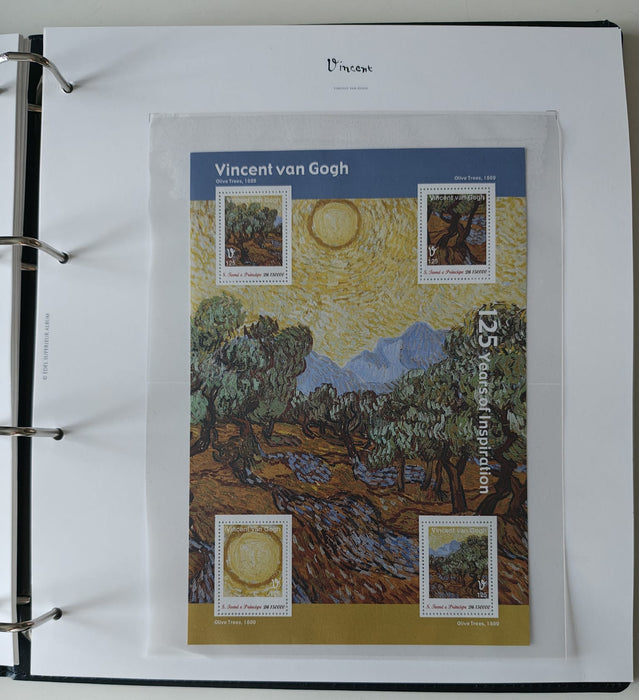 Album/Enciclopedie Vincent Van Gogh tematica ARTA, PICTURA contine 38 blocuri mari ilustratein posete de plastic, cu picturi celebre. SUPERB!! Albumul are coperti si caseta din piele.