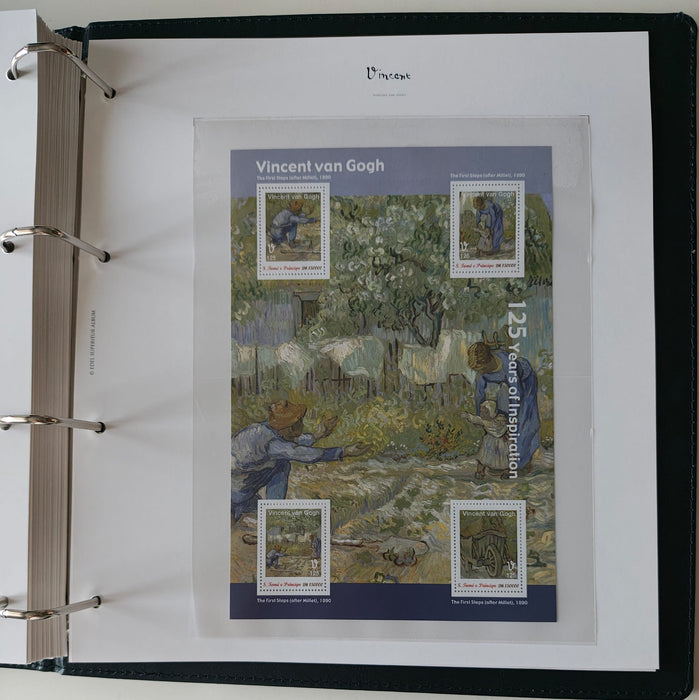 Album/Enciclopedie Vincent Van Gogh tematica ARTA, PICTURA contine 38 blocuri mari ilustratein posete de plastic, cu picturi celebre. SUPERB!! Albumul are coperti si caseta din piele.