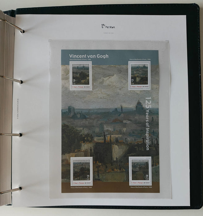 Album/Enciclopedie Vincent Van Gogh tematica ARTA, PICTURA contine 38 blocuri mari ilustratein posete de plastic, cu picturi celebre. SUPERB!! Albumul are coperti si caseta din piele.