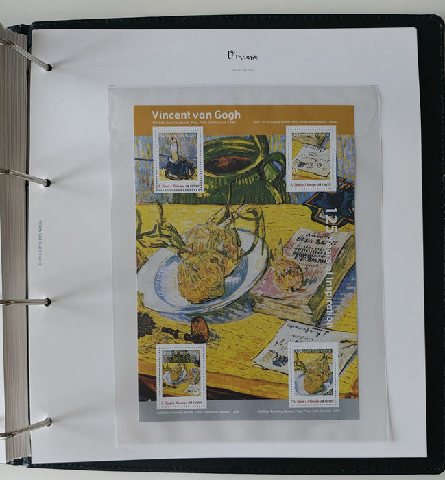 Album/Enciclopedie Vincent Van Gogh tematica ARTA, PICTURA contine 38 blocuri mari ilustratein posete de plastic, cu picturi celebre. SUPERB!! Albumul are coperti si caseta din piele.