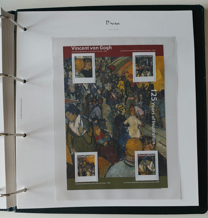 Album/Enciclopedie Vincent Van Gogh tematica ARTA, PICTURA contine 38 blocuri mari ilustratein posete de plastic, cu picturi celebre. SUPERB!! Albumul are coperti si caseta din piele.