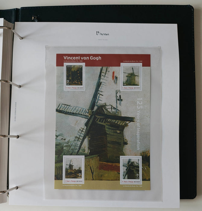 Album/Enciclopedie Vincent Van Gogh tematica ARTA, PICTURA contine 38 blocuri mari ilustratein posete de plastic, cu picturi celebre. SUPERB!! Albumul are coperti si caseta din piele.