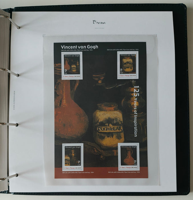 Album/Enciclopedie Vincent Van Gogh tematica ARTA, PICTURA contine 38 blocuri mari ilustratein posete de plastic, cu picturi celebre. SUPERB!! Albumul are coperti si caseta din piele.