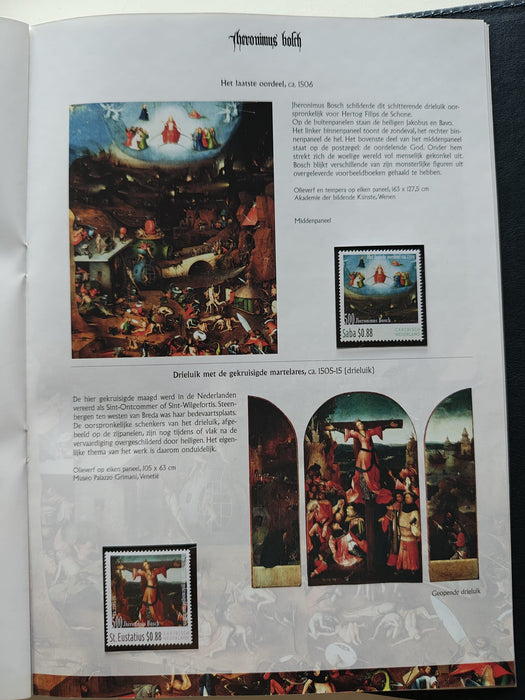 Album/Enciclopedie Hieronymus Bosch tematica ARTA, PICTURA, RELIGIE, EZOTERISM contine aproximativ 100 serii, blocuri ilustrate si maxicarduri in posete de plastic, cu picturi celebre . SUPERB!! Albumul are coperti si caseta din piele.