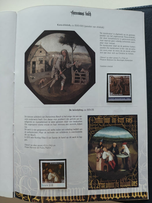 Album/Enciclopedie Hieronymus Bosch tematica ARTA, PICTURA, RELIGIE, EZOTERISM contine aproximativ 100 serii, blocuri ilustrate si maxicarduri in posete de plastic, cu picturi celebre . SUPERB!! Albumul are coperti si caseta din piele.