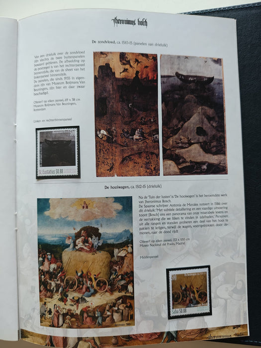 Album/Enciclopedie Hieronymus Bosch tematica ARTA, PICTURA, RELIGIE, EZOTERISM contine aproximativ 100 serii, blocuri ilustrate si maxicarduri in posete de plastic, cu picturi celebre . SUPERB!! Albumul are coperti si caseta din piele.