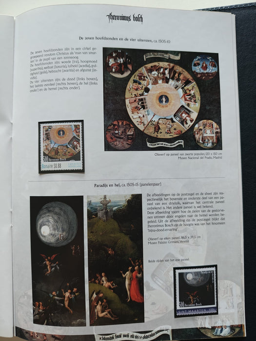 Album/Enciclopedie Hieronymus Bosch tematica ARTA, PICTURA, RELIGIE, EZOTERISM contine aproximativ 100 serii, blocuri ilustrate si maxicarduri in posete de plastic, cu picturi celebre . SUPERB!! Albumul are coperti si caseta din piele.