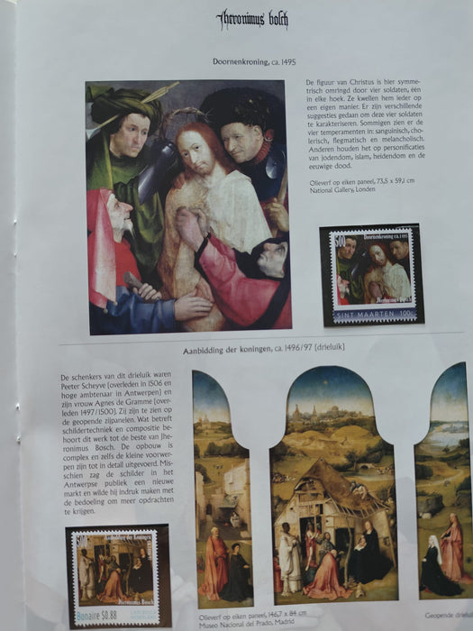 Album/Enciclopedie Hieronymus Bosch tematica ARTA, PICTURA, RELIGIE, EZOTERISM contine aproximativ 100 serii, blocuri ilustrate si maxicarduri in posete de plastic, cu picturi celebre . SUPERB!! Albumul are coperti si caseta din piele.