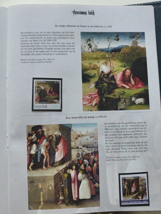 Album/Enciclopedie Hieronymus Bosch tematica ARTA, PICTURA, RELIGIE, EZOTERISM contine aproximativ 100 serii, blocuri ilustrate si maxicarduri in posete de plastic, cu picturi celebre . SUPERB!! Albumul are coperti si caseta din piele.
